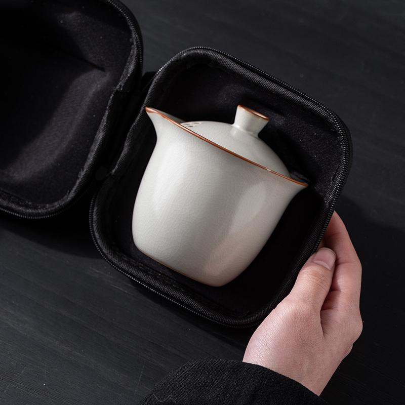 Light luxury Ru kiln open travel tea set outdoor portable one pot three cups high-end business practical