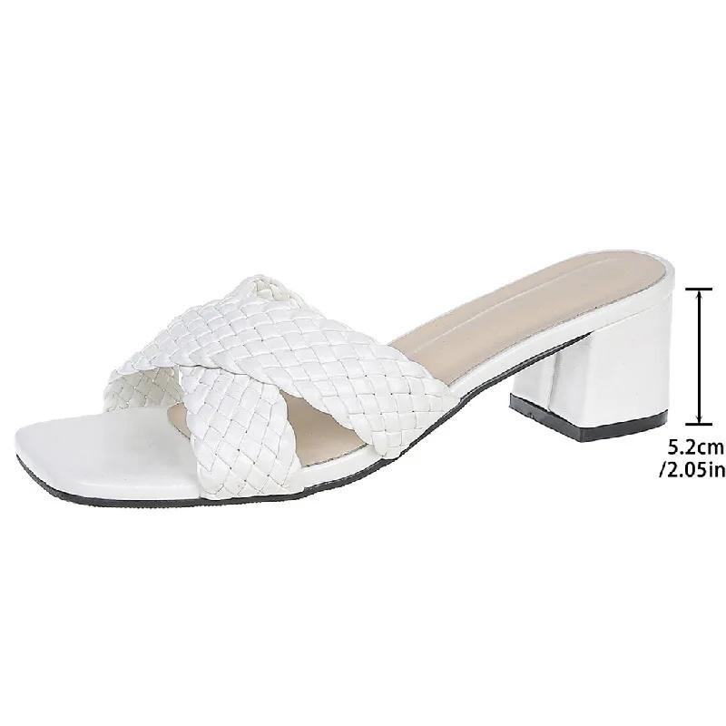 Fashion Summer Women's High Heels Large Size Woven Cross Strap Thick Heel Square Head Sandals Comfortable Breathable Slip-On Shoes