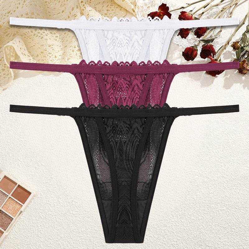 

FINETOO 3 шт. женские кружевные ажурные стринги женские тонкие прозрачные стринги сексуальные ультра-низкие бесшовные трусики трусики с бантом перспектива S&Set