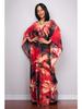 Handgemachter schwarzer & roter floraler langer Strand-Überwurf-Kimono für Damen