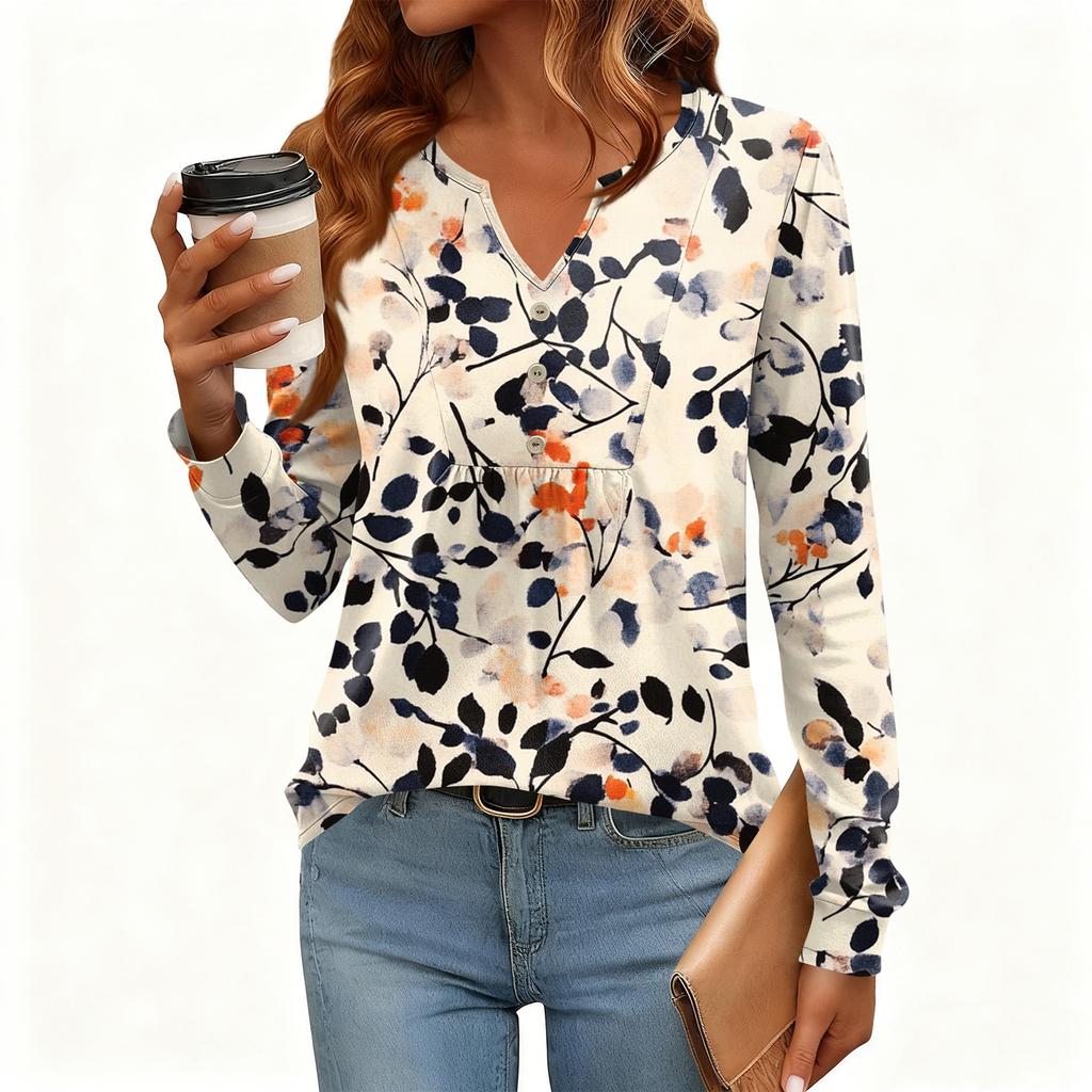 Γυναικείο Χαλαρό, V-λαιμόκοψη, Ρετρό Χρώμα, Μπλοκ με Φλοράλ Σχέδιο, Μακρυμάνικο Πουλόβερ T-shirt