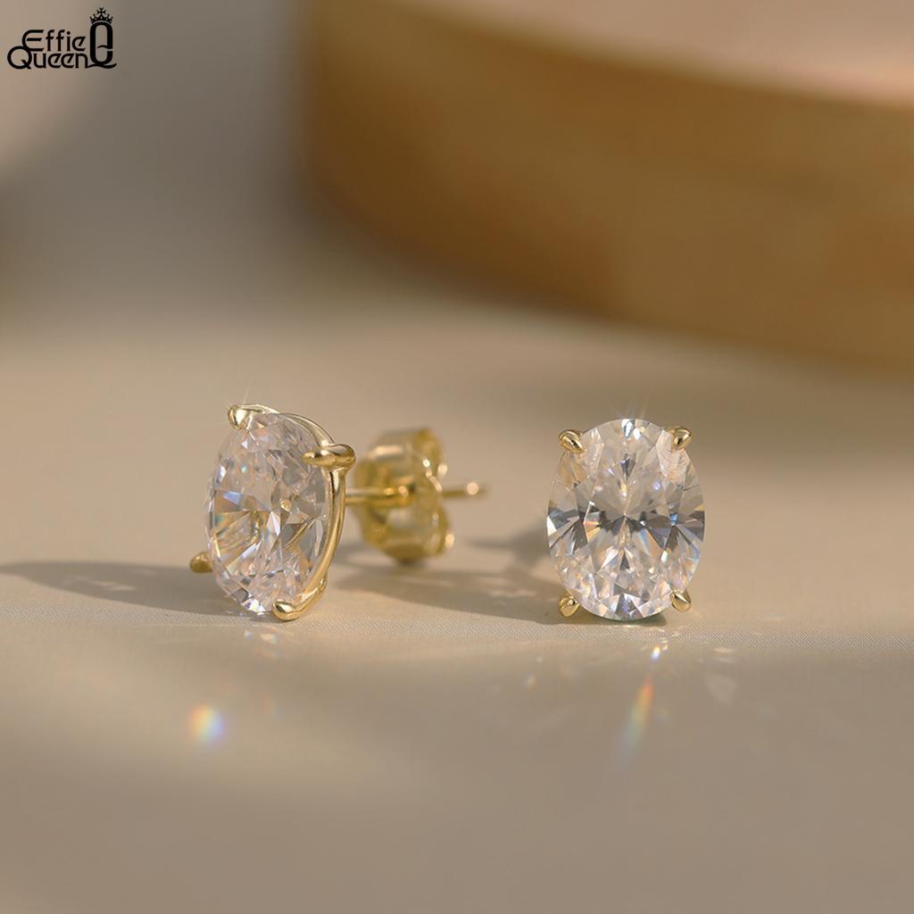 EFFIE QUEEN 925 Sterling Silver Stud Earrings With Sparkling Oval Zirconia Ornament Various Size Selection Elegant Gift LZE03