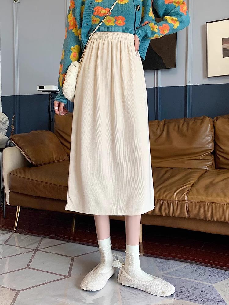 2024 Autumn/Winter Women's High-Waist Slimming Corduroy Midi A-Line Skirt - Korean Style