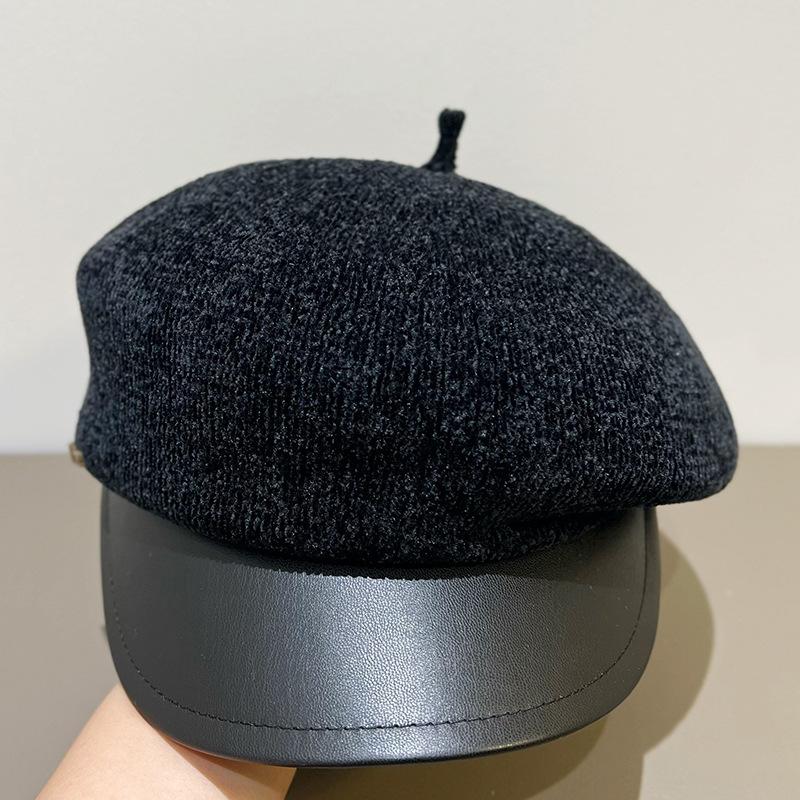 Snowy Neil Beanie Newsboy Hat Women'S Korean-Style Vintage Retro Multi-Purpose Leather Hat Brim