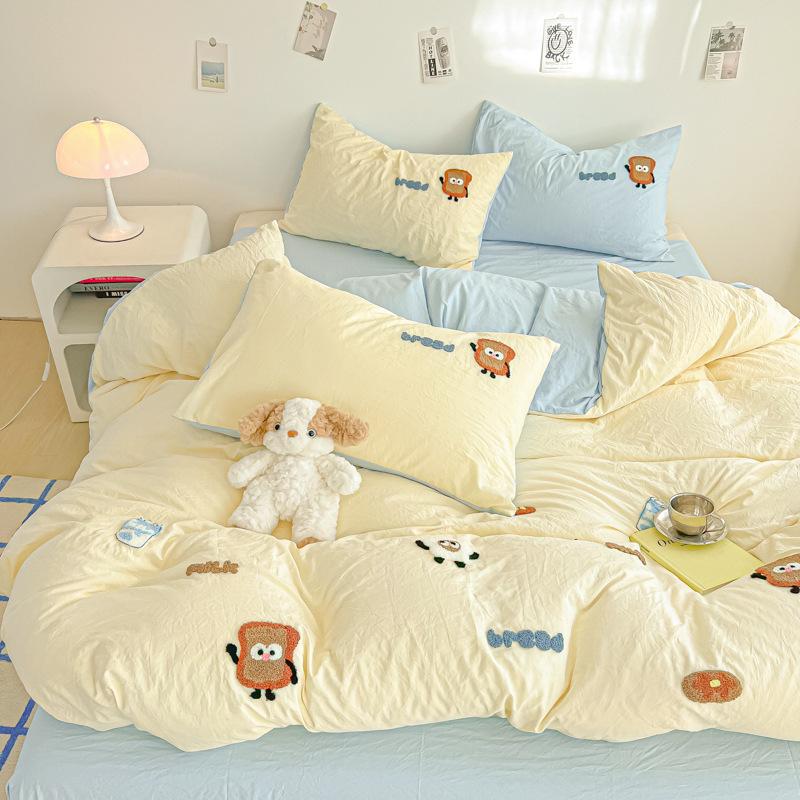 Cartoon Cotton Towel Embroidered Comforter Set Machine Washable Bed Linen Bedding Spring New Soft Breathable Fitted Sheet