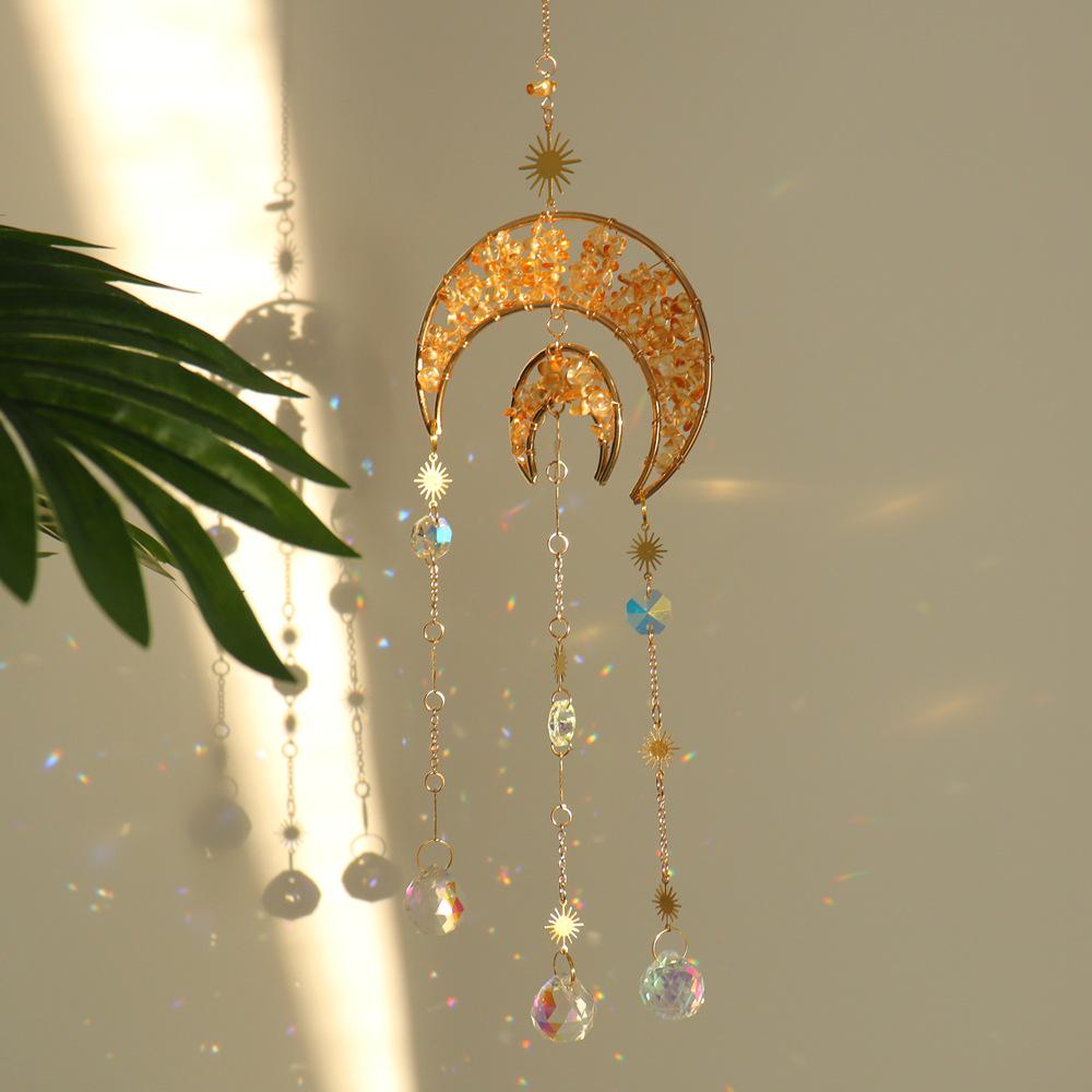 Natural Crystal Moon Pendant Sun Catcher Wind Chime for Home and Garden Decoration