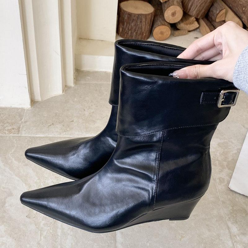 

Fashion Eilyken Autumn Pointed Toe Wedges Heels Ankle Boots Women Design Buckle Strap Short Booties Ladies Shoes Zapatos De Mujer 35 чёрный