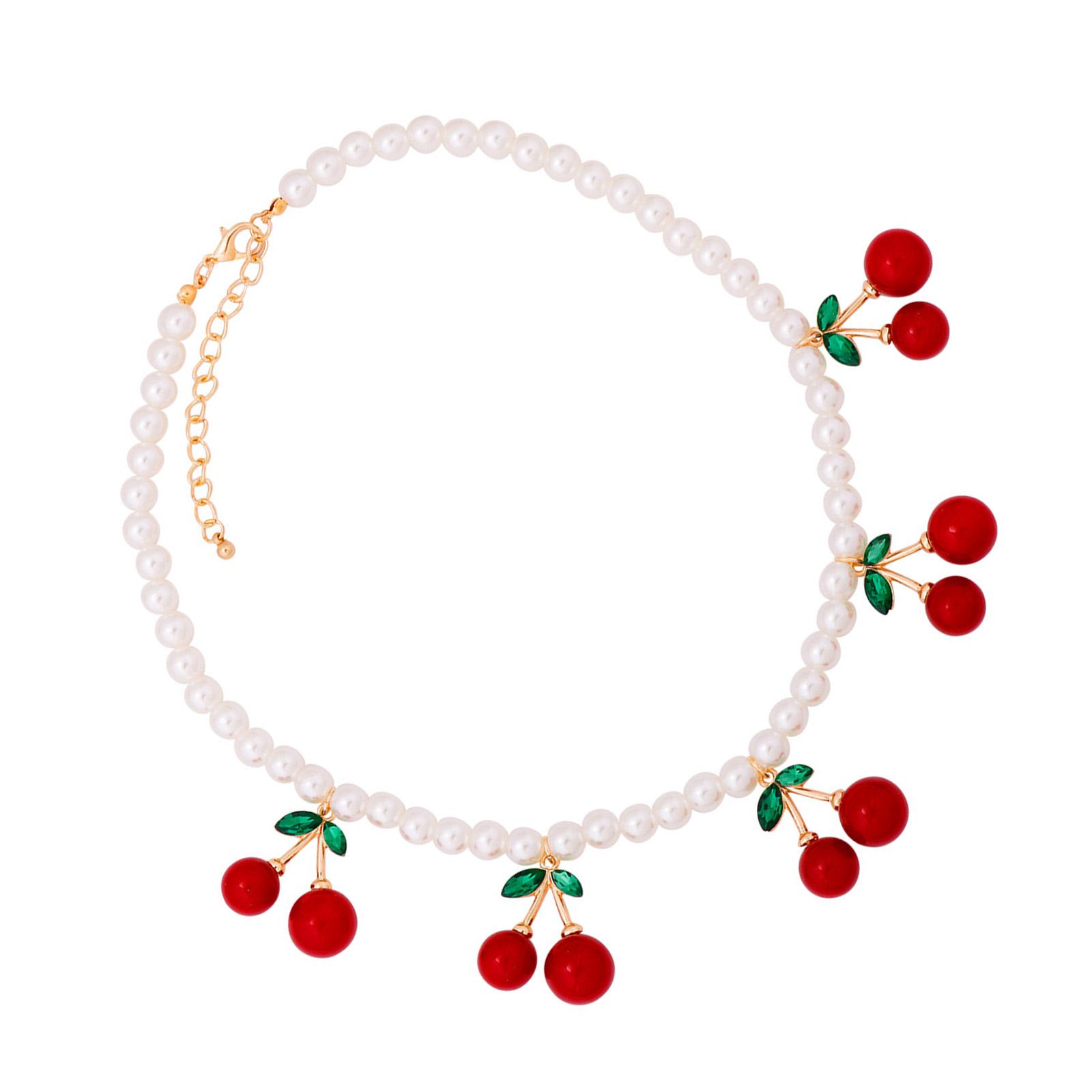 

Cherry Pendant Necklace with Imitation Pearls Adjustable Length Neckchain Choker for Women and Girls Fruit Jewelry Gift