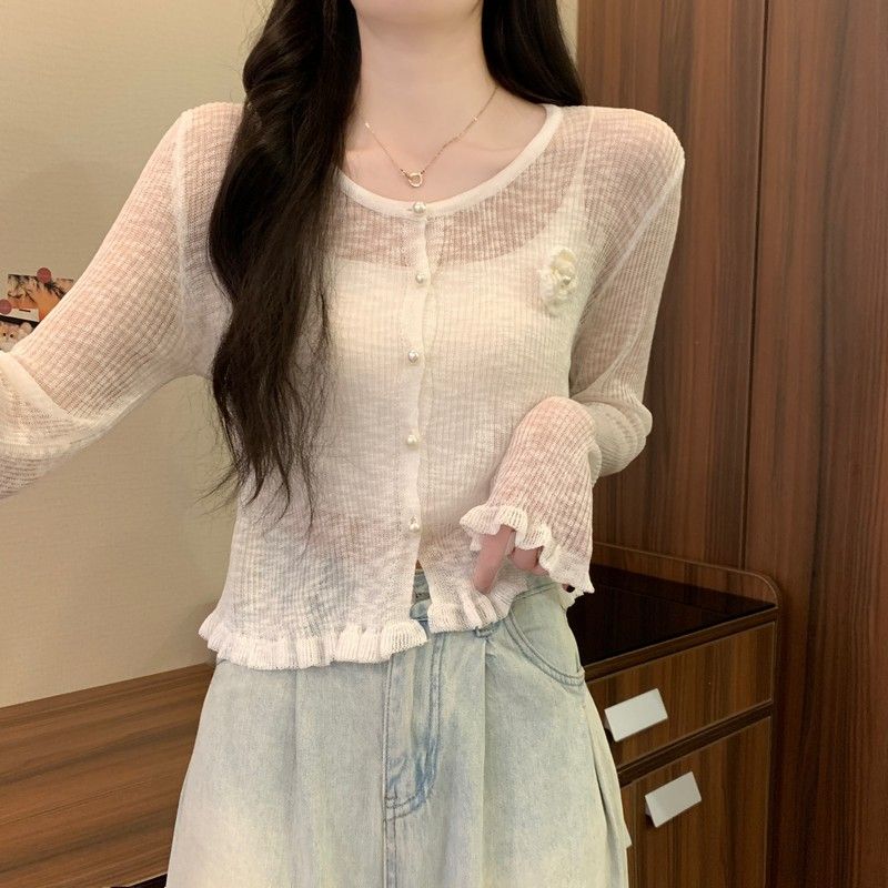 

Women s Sweet Long Sleeve Top for Spring and Summer with Design sense Ruffled Trim Thin style Three Dimensional Flowers Sunscreen Knitted Sweater S білий