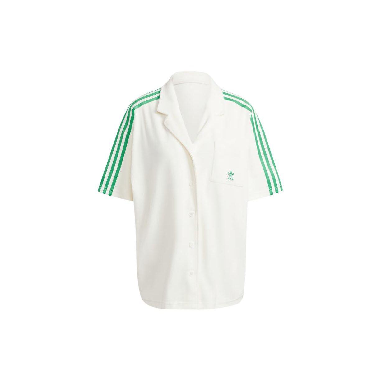 

Adidas Originals Resort Shirt Women Lightweight Breathable Short Sleeve Button Down White Green JH0614 L
