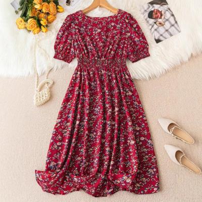 Vestido de verano para mujer, con cuello redondo, estampado de flores rotas y cintura alta, manga corta