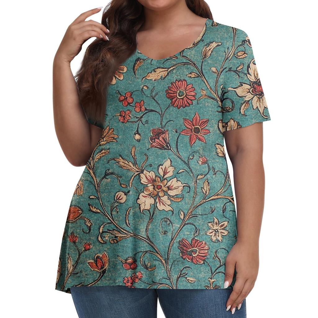 Women's Fashion Casual V-Neck Pullover Short Sleeve Large Size Vintage Printed Top