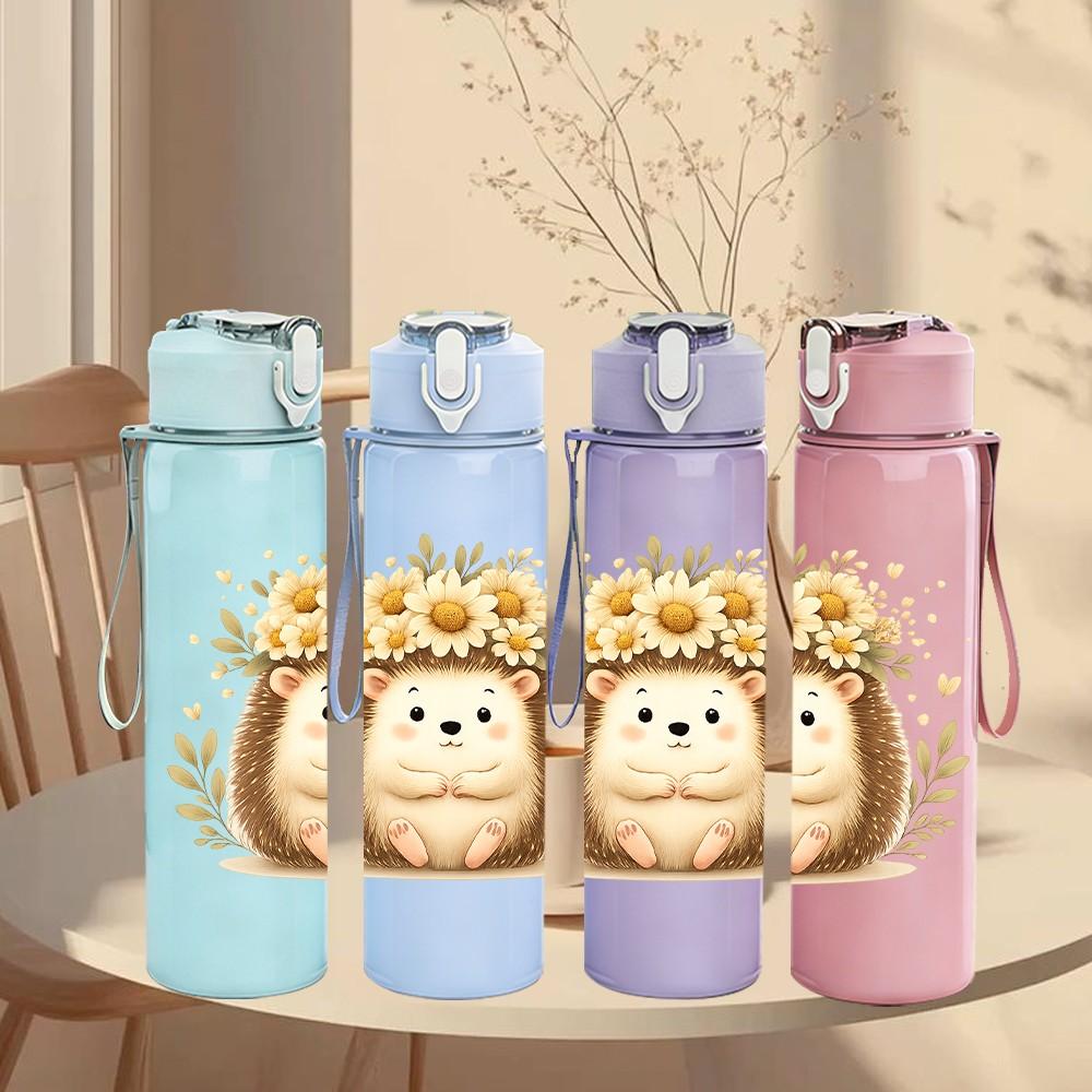 1PC Sunflower Hedgehog Cartoon 750ml Color Plastic Sports Water Bottle Leakproof Flip Straw Lid Suitable for Sports Office Home Use