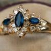 Vintage Gold Tone Ring with Blue Sapphire & Clear CZ, Marquise Cut Halo Design, Elegant Wedding Party Jewelry for Women