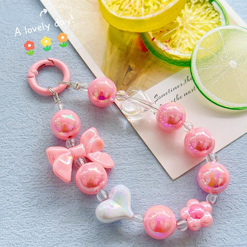 Color Plated Color Flower Beaded Mobile Phone Chain Creative Bow Car Keychain Earphone Bag