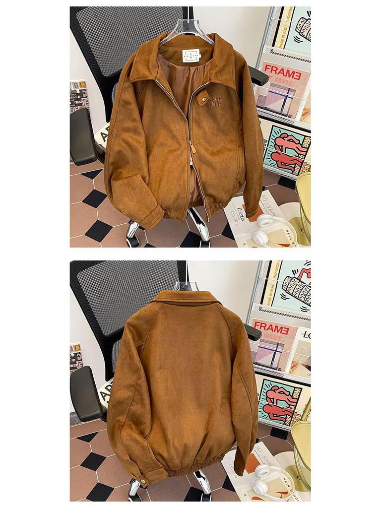 Koreanska Szykowana Damska Krótka Kurtka Baseballowa z Zamszu z Haftowanymi Literami