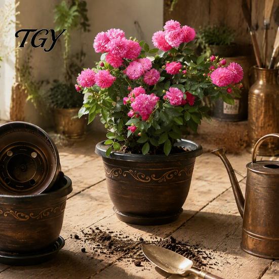 Balcony Garden Pots Resin Flower Planters, Vintage Plant Pot with Drainage Hole & Saucer, Lightweight Style Holders for Indoor Outdoor, Retro