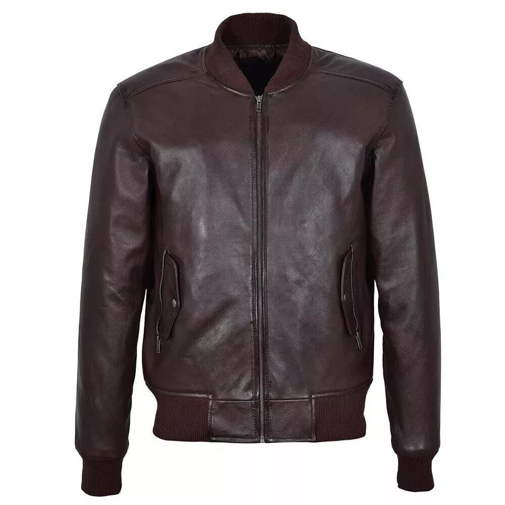 Handmade Stylish Casual Men's Bomber Jacket Real Lambskin Leather Brown Jacket