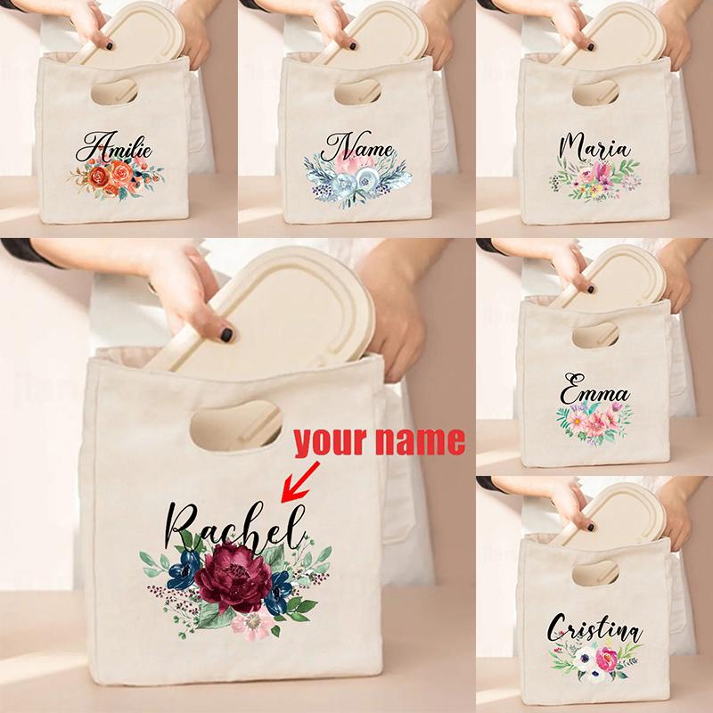 Flower Customized Canvas Handbag Vintage Travel Camping Lunch Bag Personalized Name Storage Lunch Box Large Capacity Cooler Bags