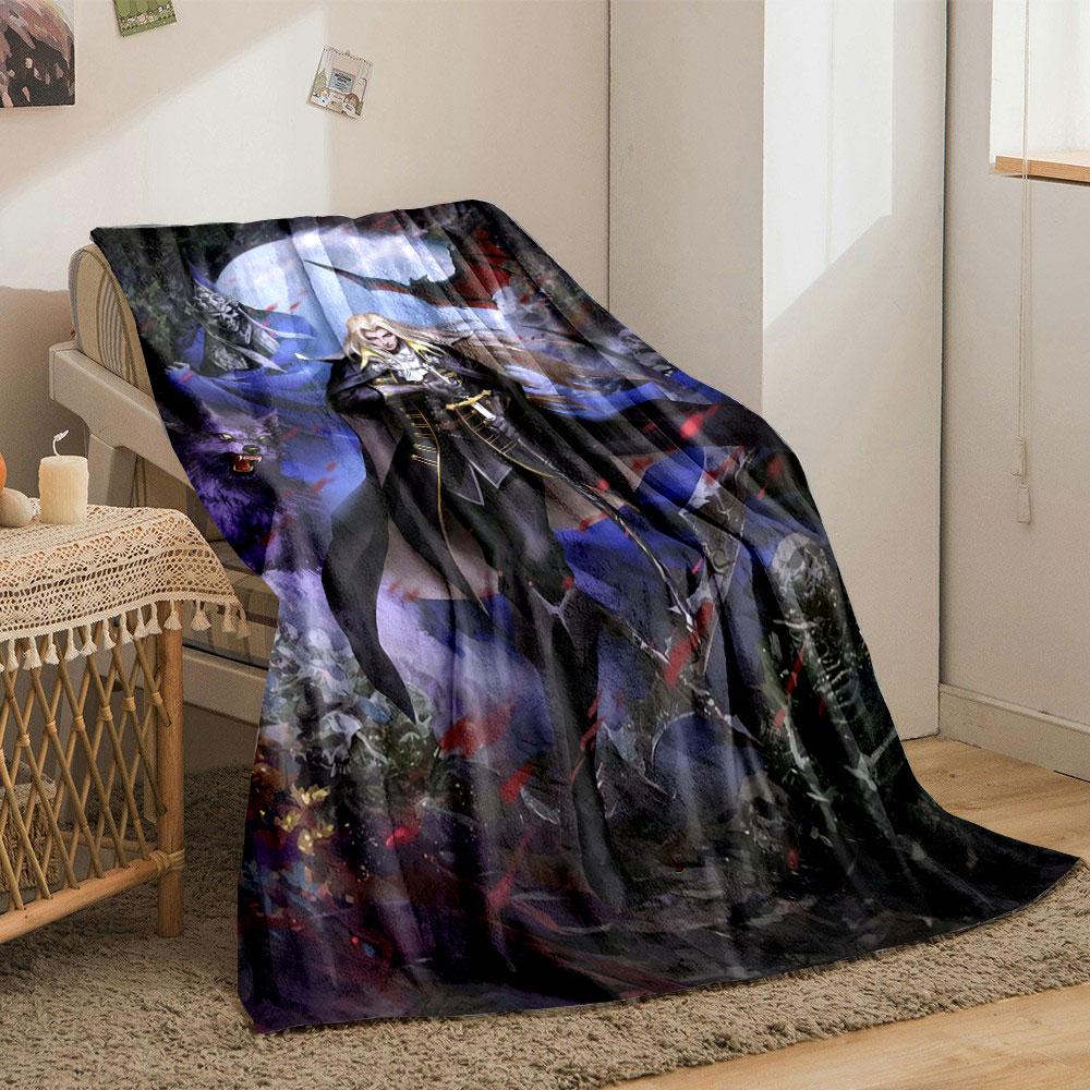 A vampire-like figure in black with supernatural creatures and a full moon. for all seasons blanket lunch break throw gift