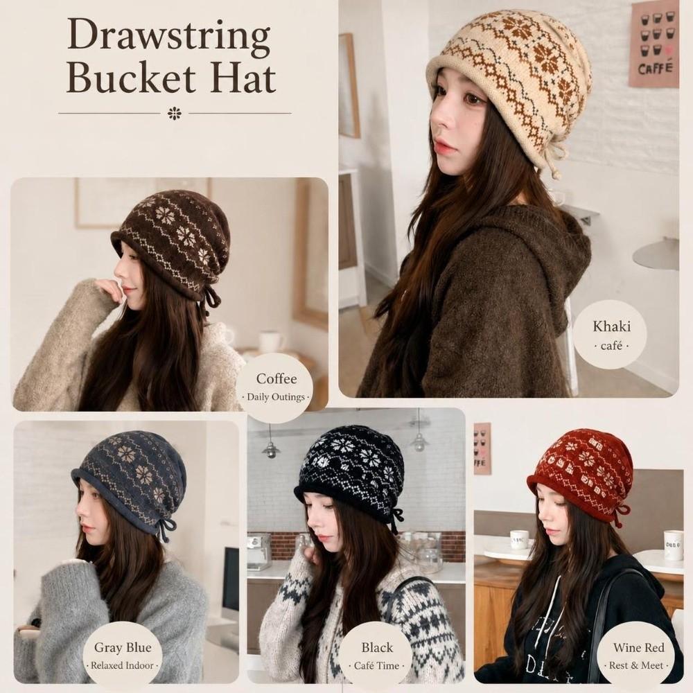 Drawstring Roll Brim Knit Beanie Fair Isle Pattern Beanie Retro Slouchy Hat Autumn Winter
