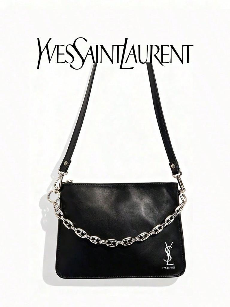 Handmade DIY Black Square Bag, with a Retro and High-end Style, Adorned with Golden Chains and Classic Logo.