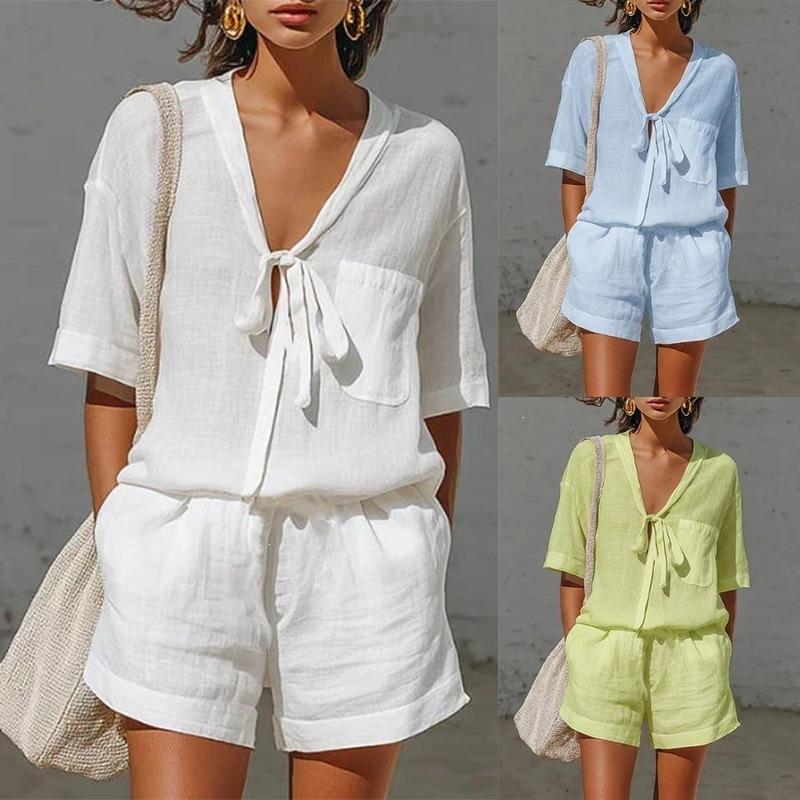 Women's Solid Color V Neck Tie Knot Short Sleeve Shirt Loose Casual Shorts 2 Piece Summer Outfit Set