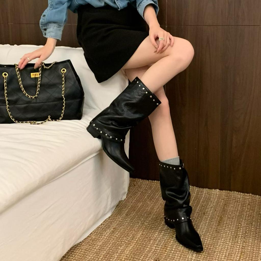 Black pointed western cowboy boots women's trouser boots autumn new short thick heel stacked boots leather boots