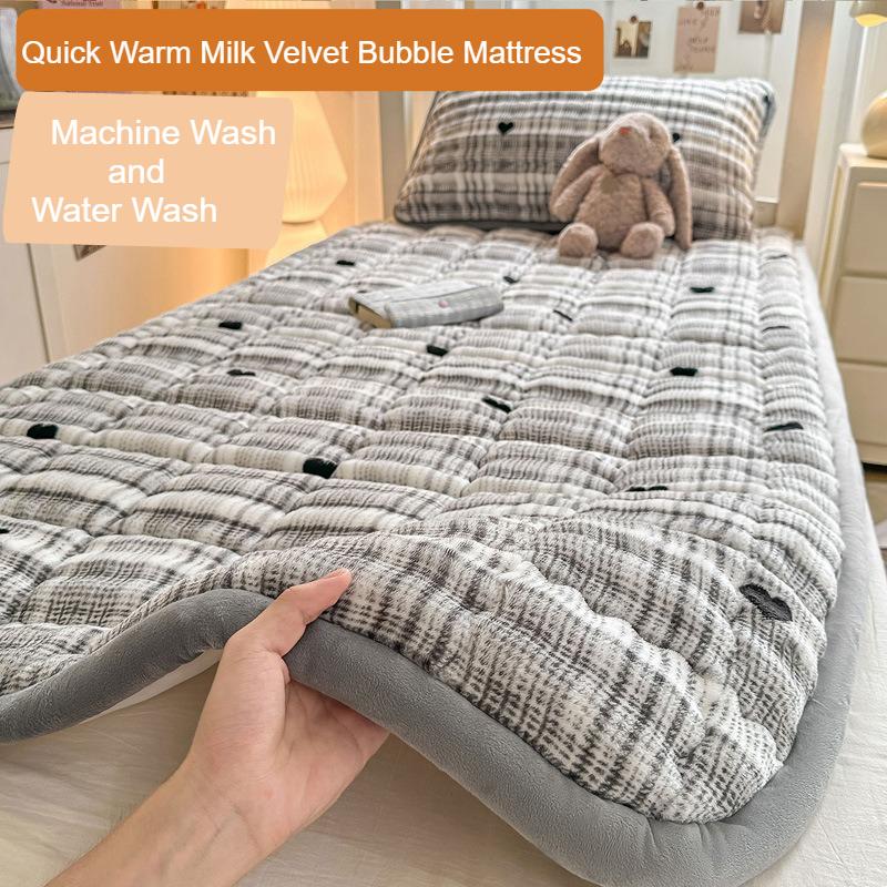 1pc Soft Milk Velvet Bubble Fleece Mattress Designed for Winte Ideal for Students&Seasonal Use Warm Plush Quilted Mattress Cover