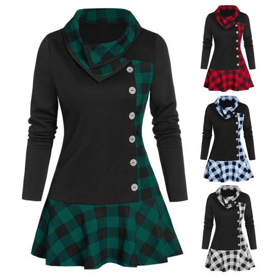 Langärmeliges Partykleid mit Rüschensaum Herbst Winter Überlappendes Revers Karo Patchwork Minikleid Damenbekleidung