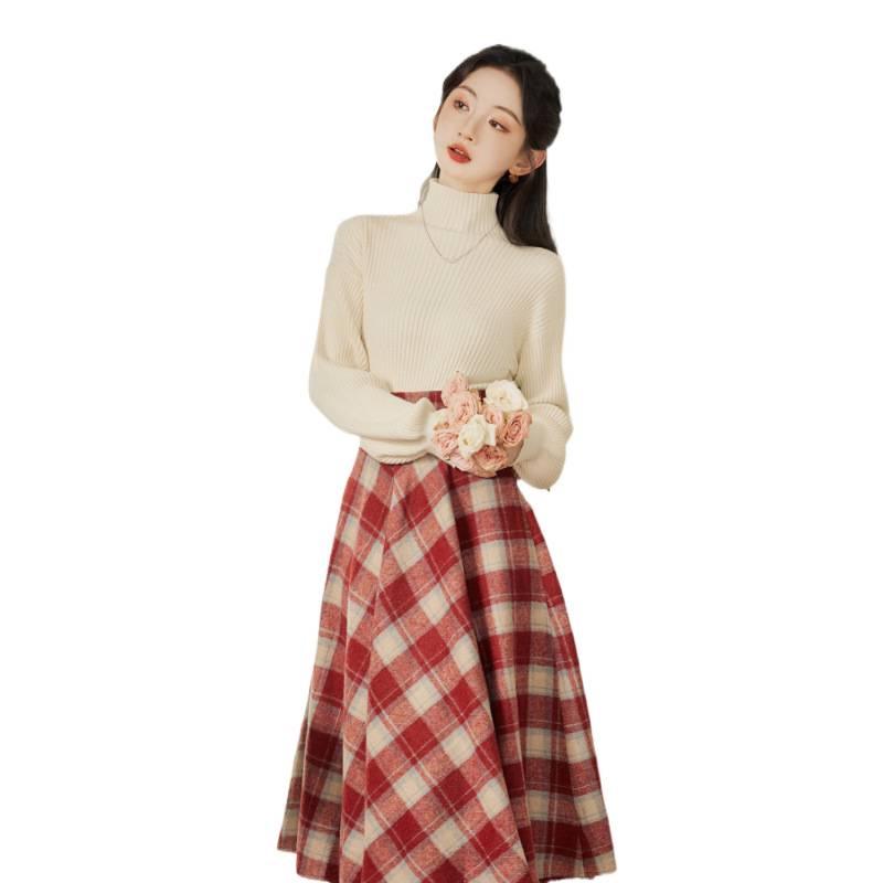 Dámský pletený svetr s vysokým límcem a vlněná áčková sukně Sweet Salt Style Podzim/Zima 2024