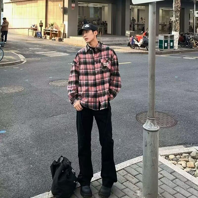 Wukong In Stock Street Style Color Block Plaid Short Sleeve Shirt Unisex Trendy Pocket Letter Embroidery Loose Couple Shirt