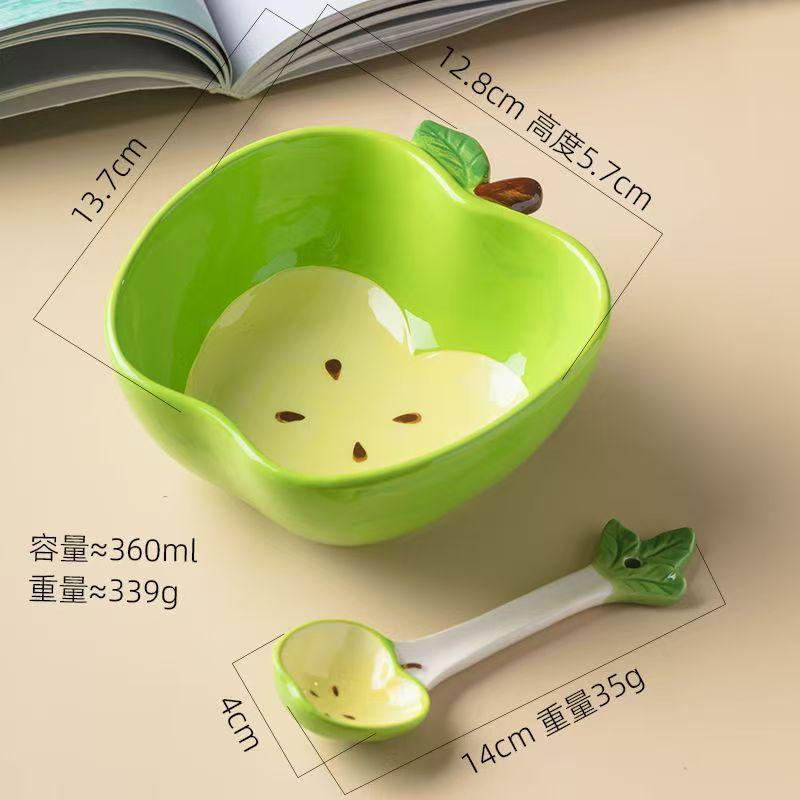 Ceramic Fruit Salad Bowl with Spoon Cartoon Vegetable Tableware Eating Rice Bowl Serving Strawberry Bowl Noodle Bowls 300ml