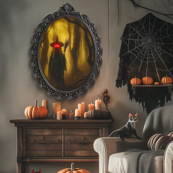 Halloween Holographic Witch Mirror Spooky Wall Mirror with Creepy Red Eyes for Haunted House Bedroom Indoor Decoration