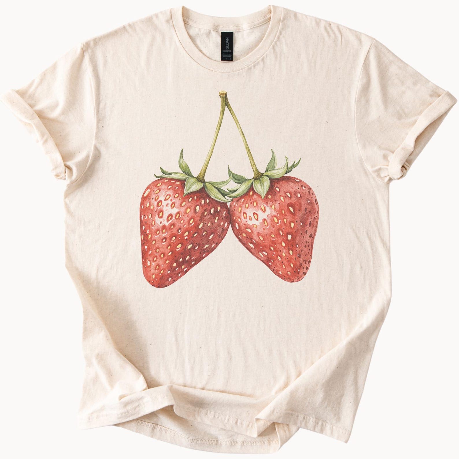 Strawberry Twin Fruit Graphic T Shirt Hand Drawn Botanical Double Strawberry Art Nature Lover Shirt Cute Summer Berry Tee 150