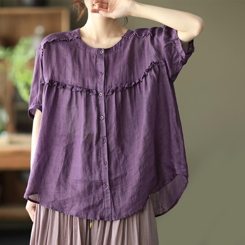 

Летний ретро-сладкий кружевной топ Fungus свободного размера с короткими рукавами, универсальная рубашка, блузки и рубашки 3XL фиолетовый