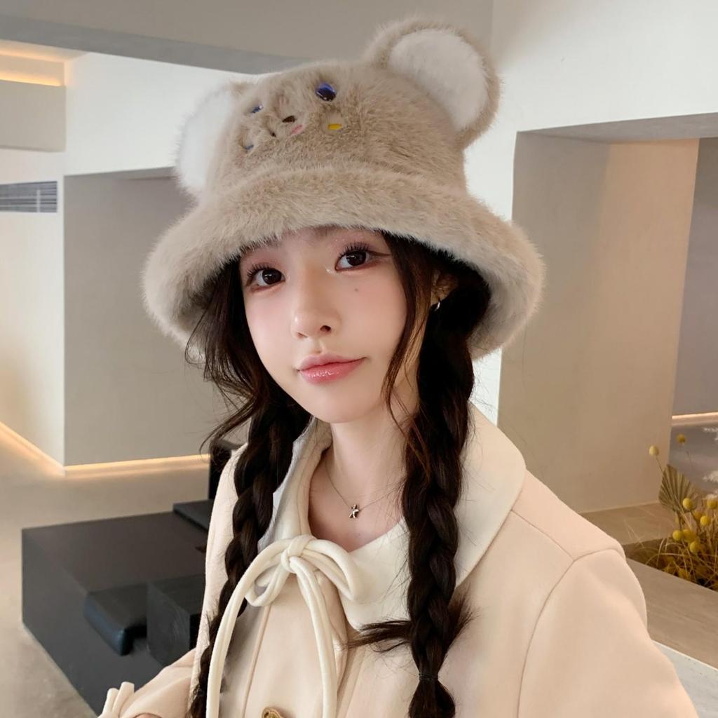 Women's Cute Bear Ears Plush Fisherman Hat, Autumn/Winter Warm Beanie with Ear Protection, Large Head Circumference.