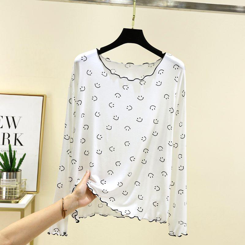 

Modal Print Flying Edge Long sleeves Shirt Women s Spring Thin Home Loose Top Casual Plus size Smiley Bottoming Shirt White XL (55.00 kg-70.00 kg recommended