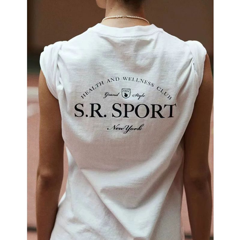 SR Sport American Vintage Sports Style Letter Front and Back Print Casual Pure Cotton Short Sleeve T-shirt