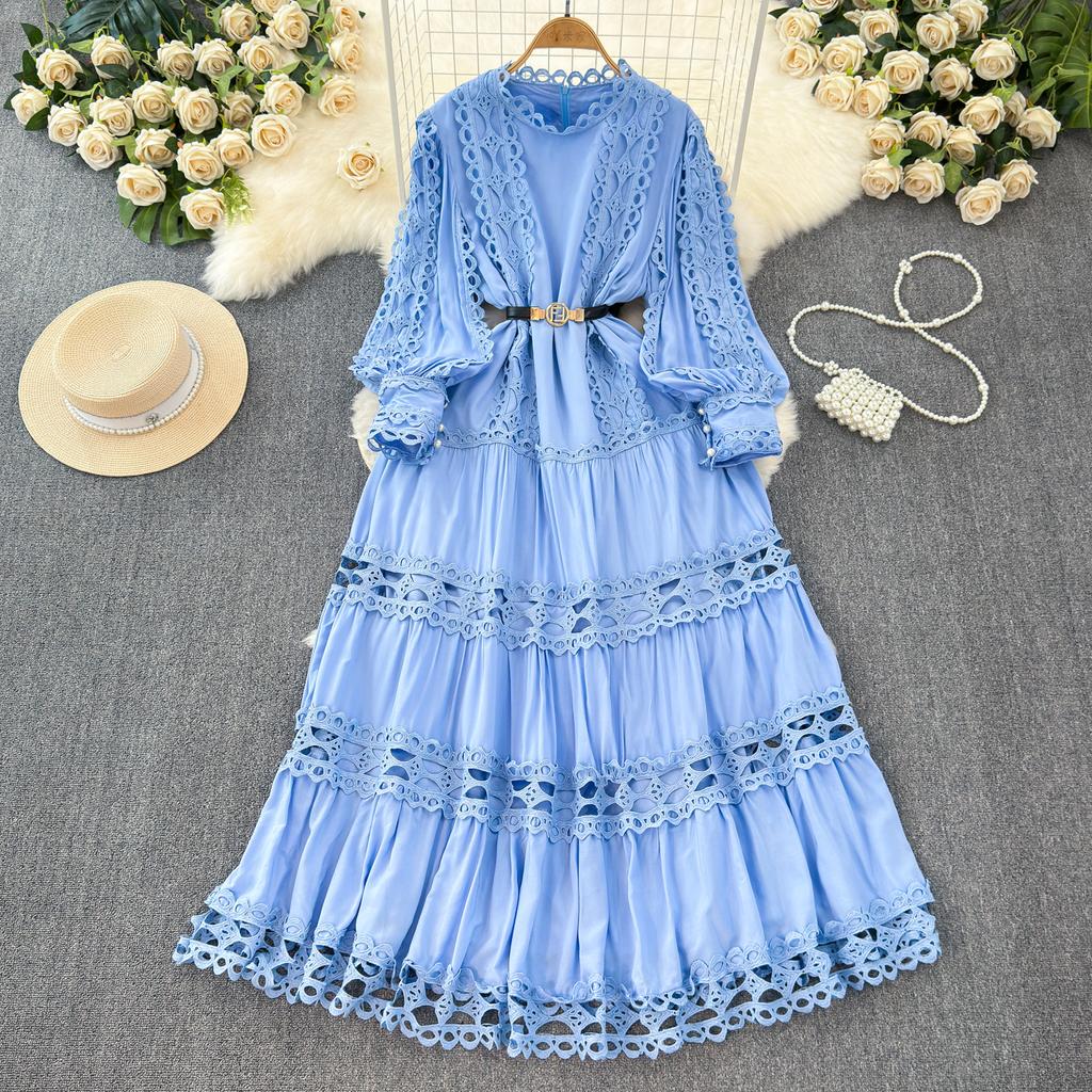 Court Style Elegant Dresses for Women Crochet Lace Hollow Out O-neck Lantern Sleeve Female Vestidos A-line Belted Dress Dropship