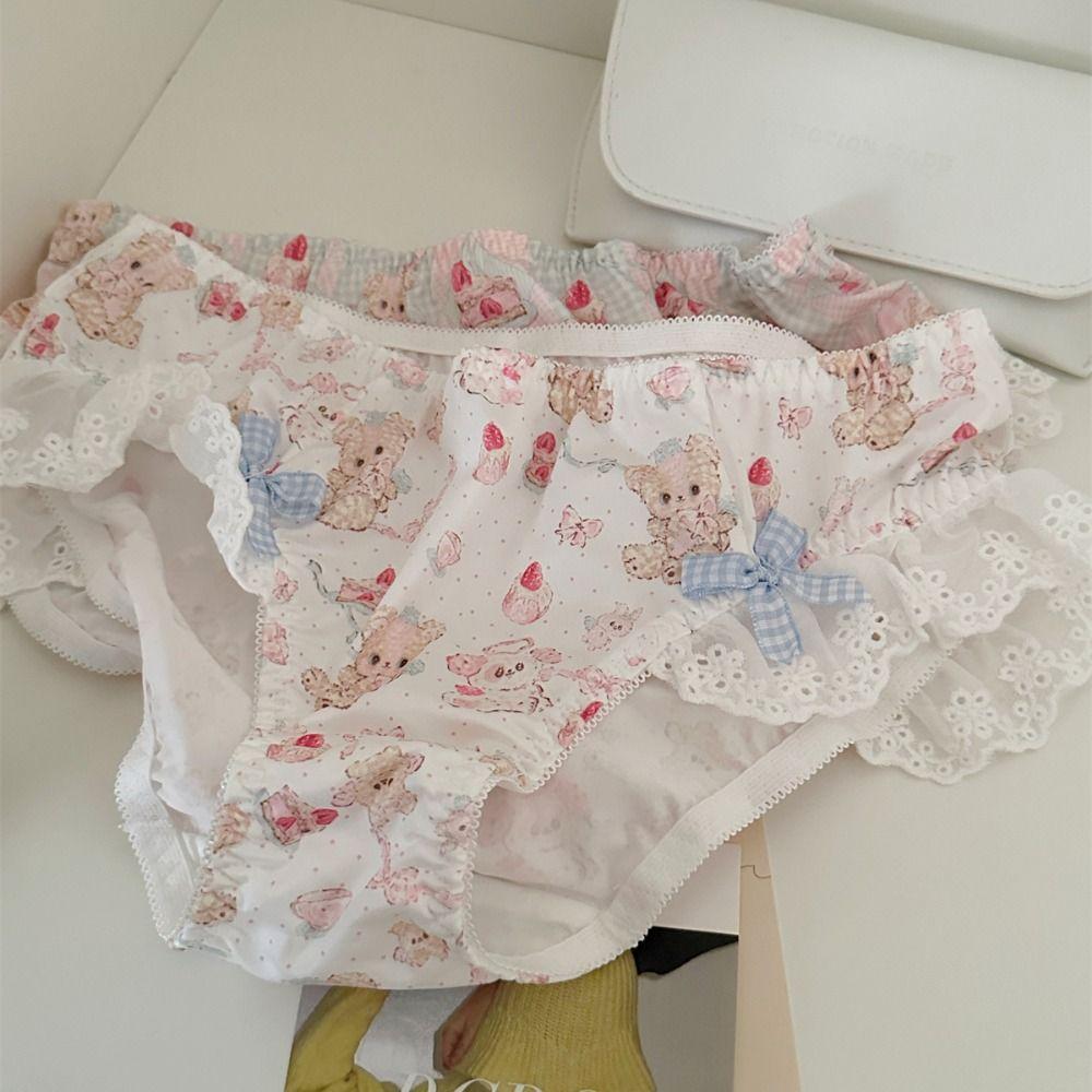 

Dot Lace Bow Briefs Low Waist Ruffle Panties Women Sweet Bowknot Bear Panties Daily M білий