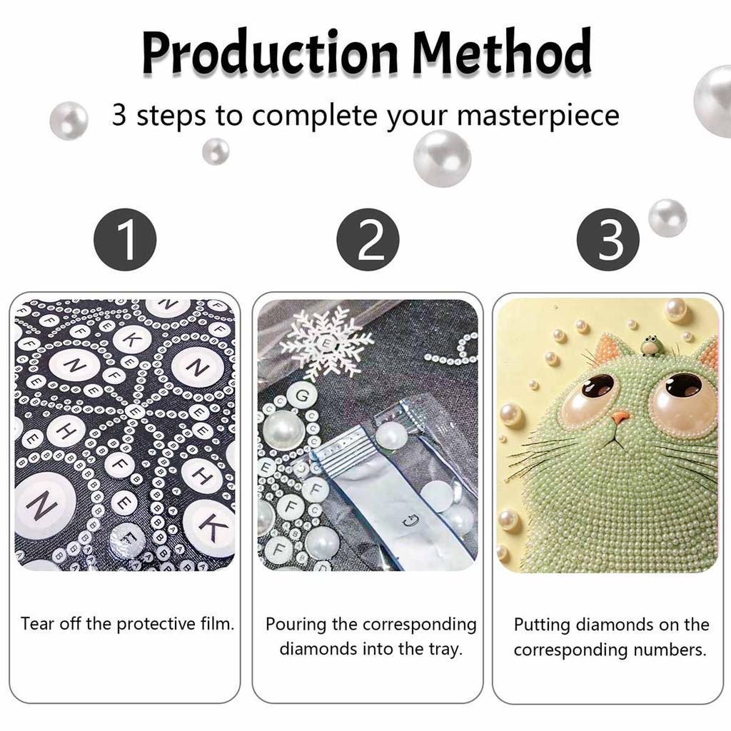 Easy DIY Framed Pearl Bead Painting Kit with Green Cat and Frog 3D Sparkling Canvas Art for Home Decoration Creative Gift Idea Handmade