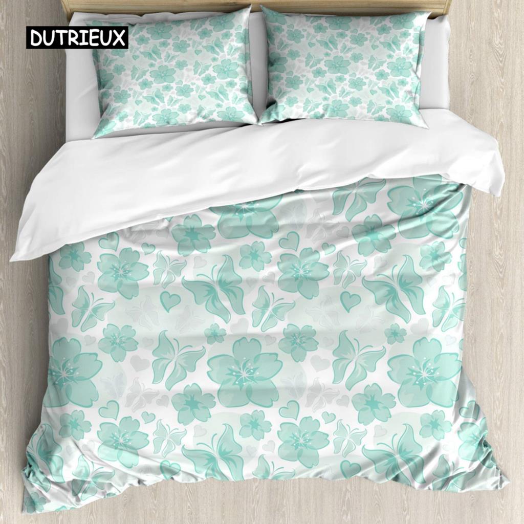 Turquoise Duvet Cover Set Retro Floral Background with Hibiscus Silhouettes Dramatic Romantic Nature Art Polyester Duvet Cover