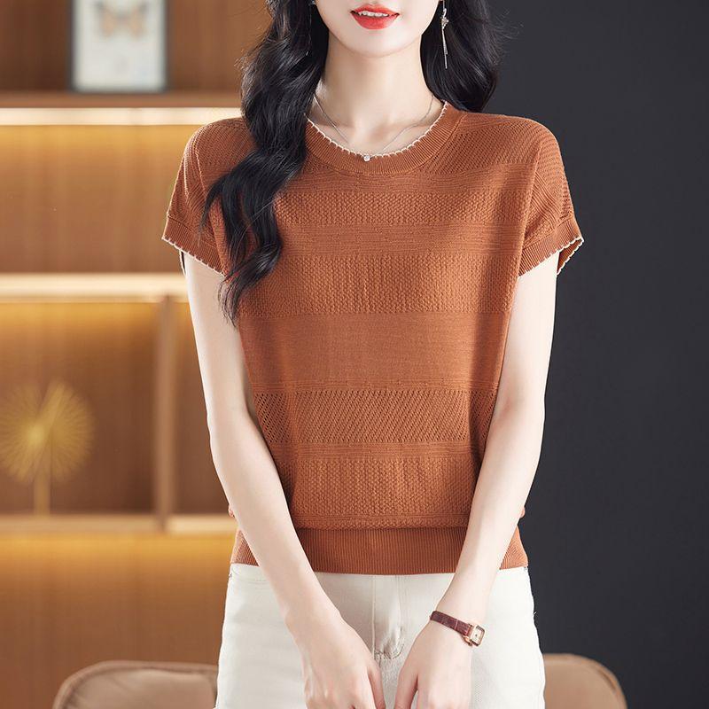 Ice Silk T-shirt for Women Loose and Simple Top Round Neck Knitted T-shirt for Summer