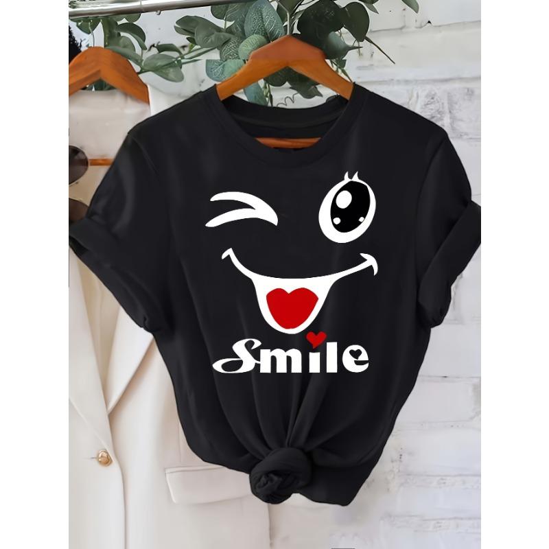 Wink Smile Women's Tee - Cute Emoji Graphic, Playful Happy Print for Casual Daily Wear