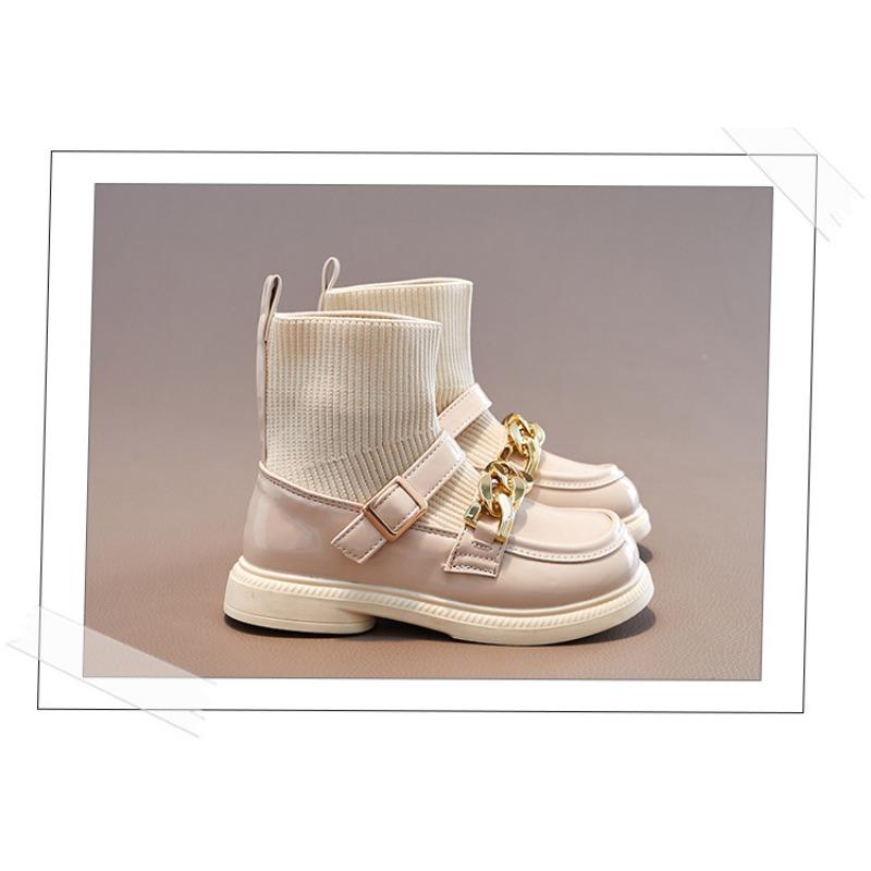 Korean Version of the New Children's Boots British Style Knitted Socks Boots Fashion Chain Foreign Style Princess Leather Boots