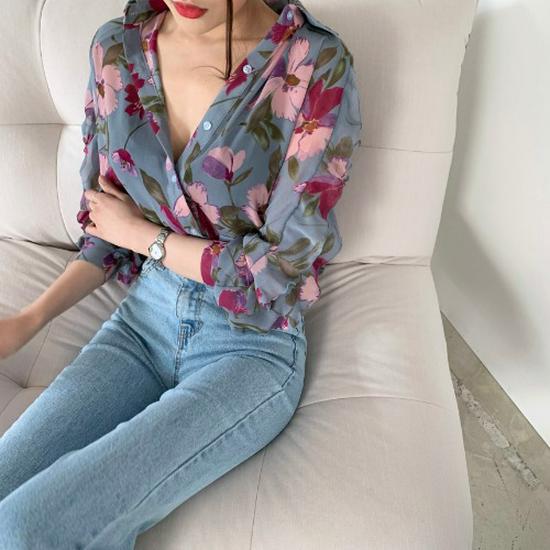 Elegant Floral Chiffon Slim Fit Long Sleeve Top