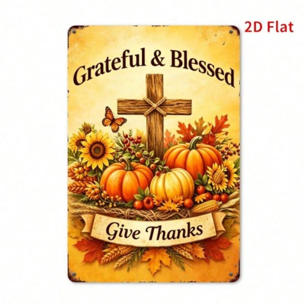 1pc Thanksgiving Metal Sign Autumn Pumpkin Cross Wall Decor Iron Plate 11.81x7.87in