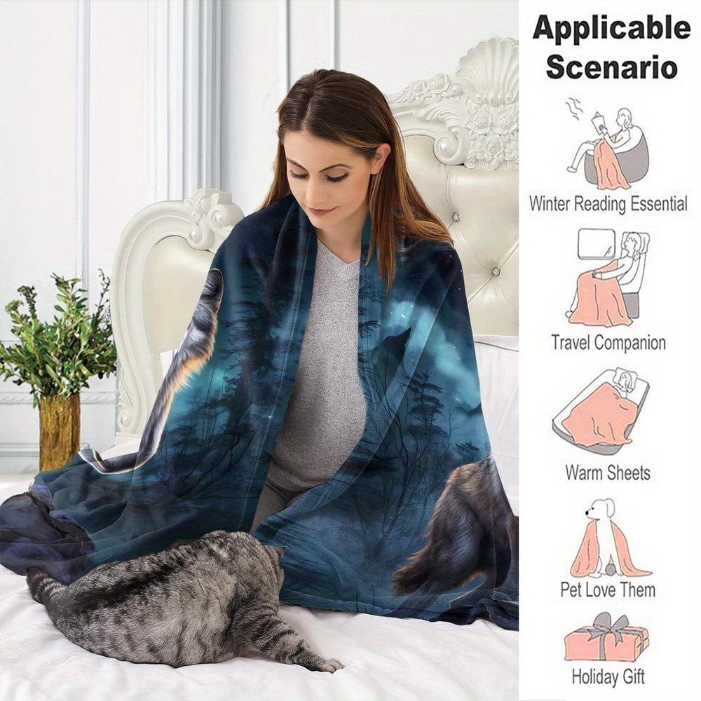 Two Wolves Moon Forest Flannel Throw Blanket Night Sky Full Moon Wild Animal Sofa Blanket