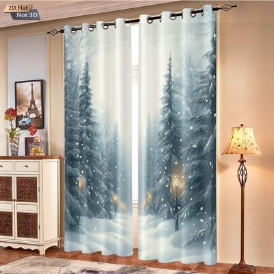 Set Of 2 Winter Christmas Snowy Forest Printed Shade Curtains Insulation Multi Size Living Room Holiday Decoration Curtain Polyester Machine Washable